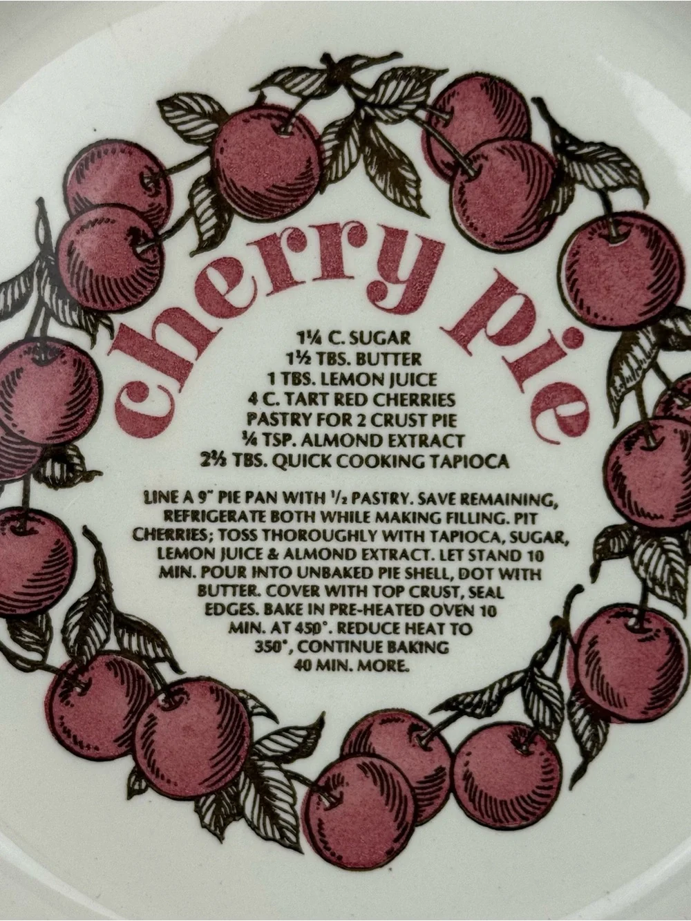 Vintage 1983 Cherry Pie Recipe Plate Royal China Country Harvest Made in USA